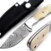 Damascus Hunting Knife - Fixed Blade Handmade Skinner with Sheath - 7.5 inch Survival Knife Great for Camping, Hunting - Camel bone Handle with mosaic pin, Gift for Husband, Anniversary, Dad (Camel bone)