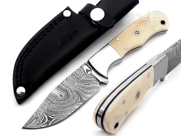 Damascus Hunting Knife - Fixed Blade Handmade Skinner with Sheath - 7.5 inch Survival Knife Great for Camping, Hunting - Camel bone Handle with mosaic pin, Gift for Husband, Anniversary, Dad (Camel bone)