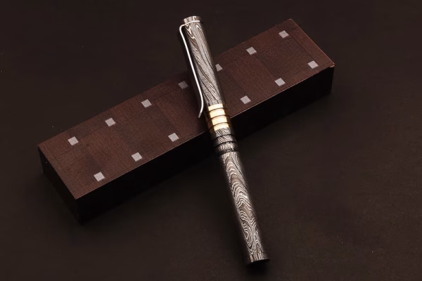 Handcrafted Lavish Damascus steel ballpoint pen with Wooden Box and Brass Fittings - Image 2