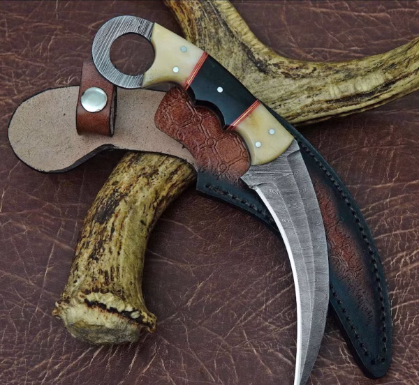 Handmade Damascus Steel Karambit Knife With Leather Sheath - Image 2