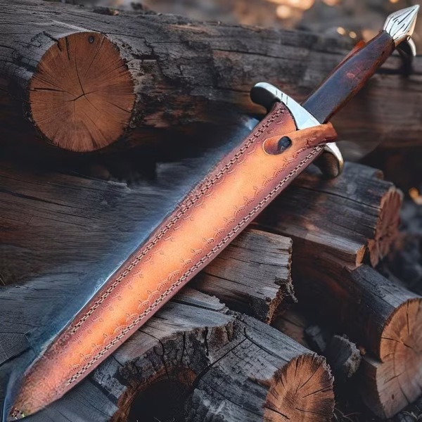 Handmade Damascus Steel Double-Edge Short Sword with Leather Sheath - Image 3
