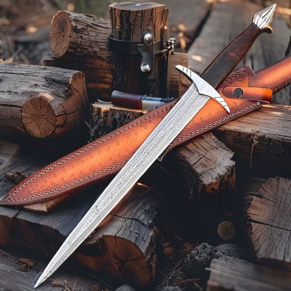 Handmade Damascus Steel Double-Edge Short Sword with Leather Sheath